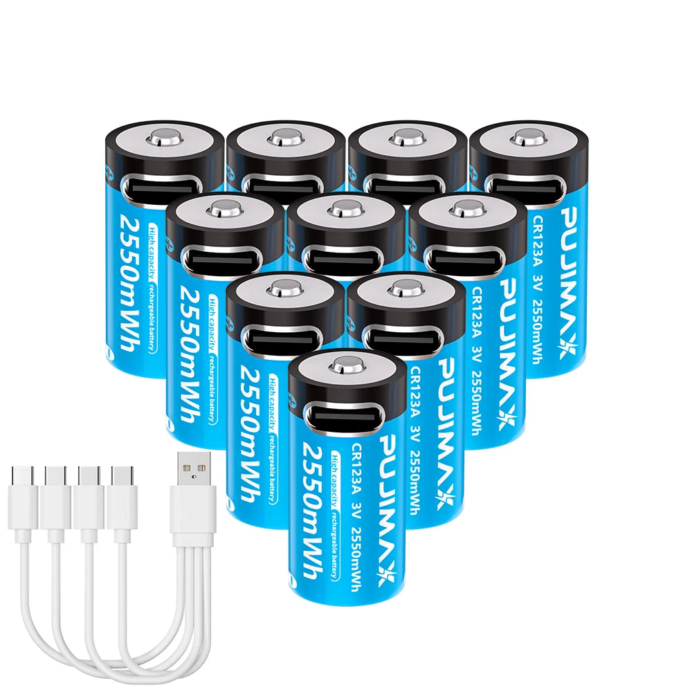 PUJIMAX Type-C Rechargeable CR123A 2550mWh 3V Lithium Battery Rechargeable Battery High Capacity  Portable Stable Output