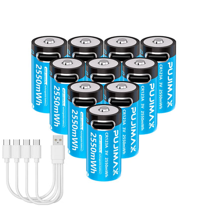 PUJIMAX Type-C Rechargeable CR123A 2550mWh 3V Lithium Battery Rechargeable Battery High Capacity  Portable Stable Output