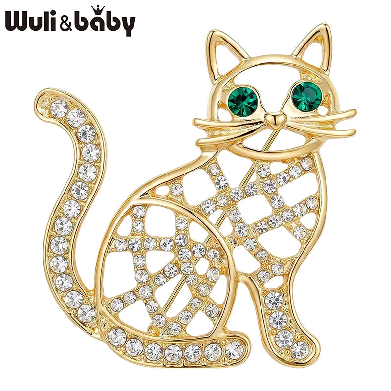 Wuli&baby Cute Hollow-out Cat Brooches For Women Men 2-color Rhinestone Alloy Kitty Animal Party Causal Brooch Pins Gifts