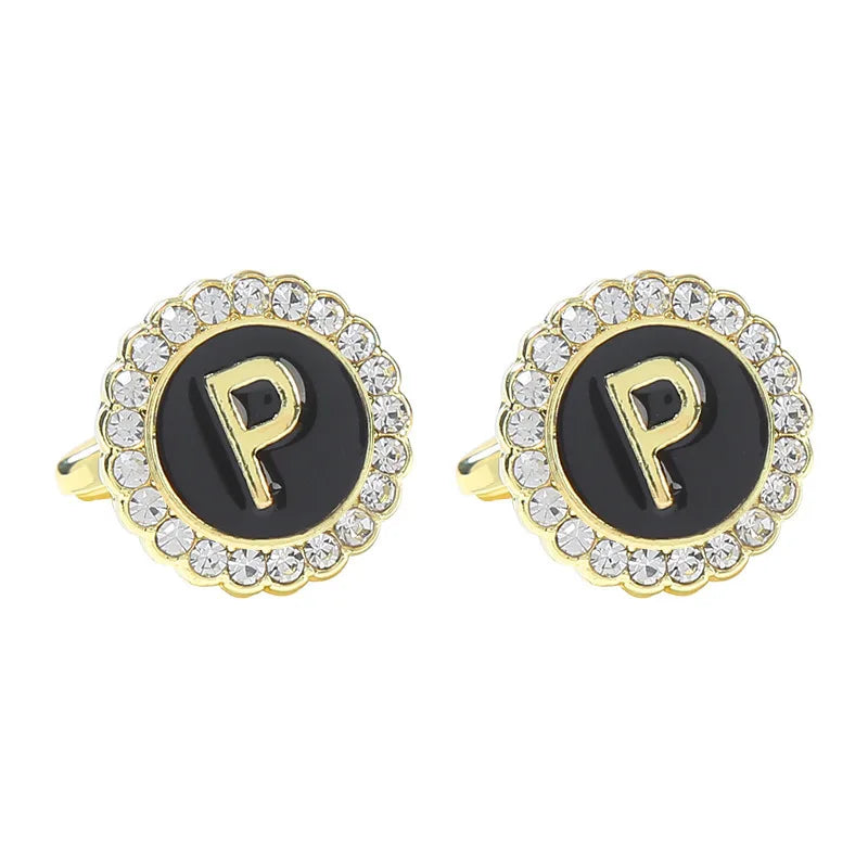 New Round Rhinestone Cufflinks for Men 26 English Letter Cuff Links Button French Business Accessories Gifts