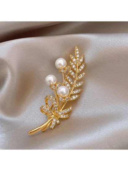 Elegant Pearl Wheat Ear Bowknot Brooches for Women Ladies Suit Coat Pin Accessories Corsage Fashion Jewelry Gifts