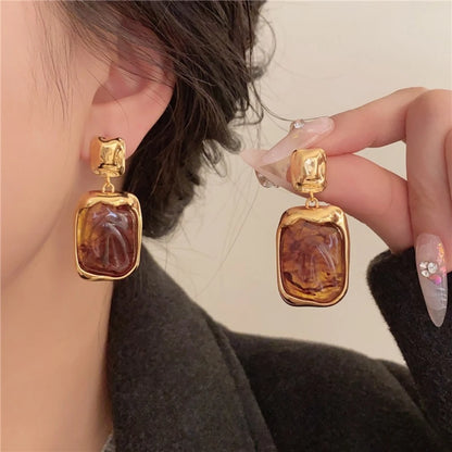 Trendy Geometric Acrylic Drop Earrings Retro Marbled Design Elegant Womens Jewelry