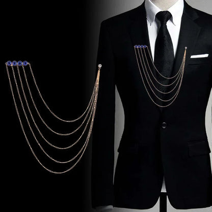 Korean Crystal Multilayer Long Tassel Chain Brooch for Women and Men Wedding Party Collar Pins Luxulry Jewelry Accessories