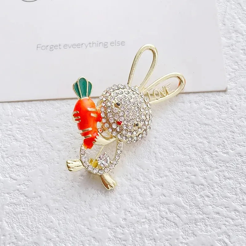 Cute Cartoon Rabbit Bunny Carrot Brooch Rhinestone Animal Lapel Pin Bag Backpack BFF Jewelry Accessories Gift