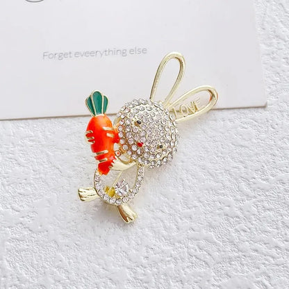 Cute Cartoon Rabbit Bunny Carrot Brooch Rhinestone Animal Lapel Pin Bag Backpack BFF Jewelry Accessories Gift