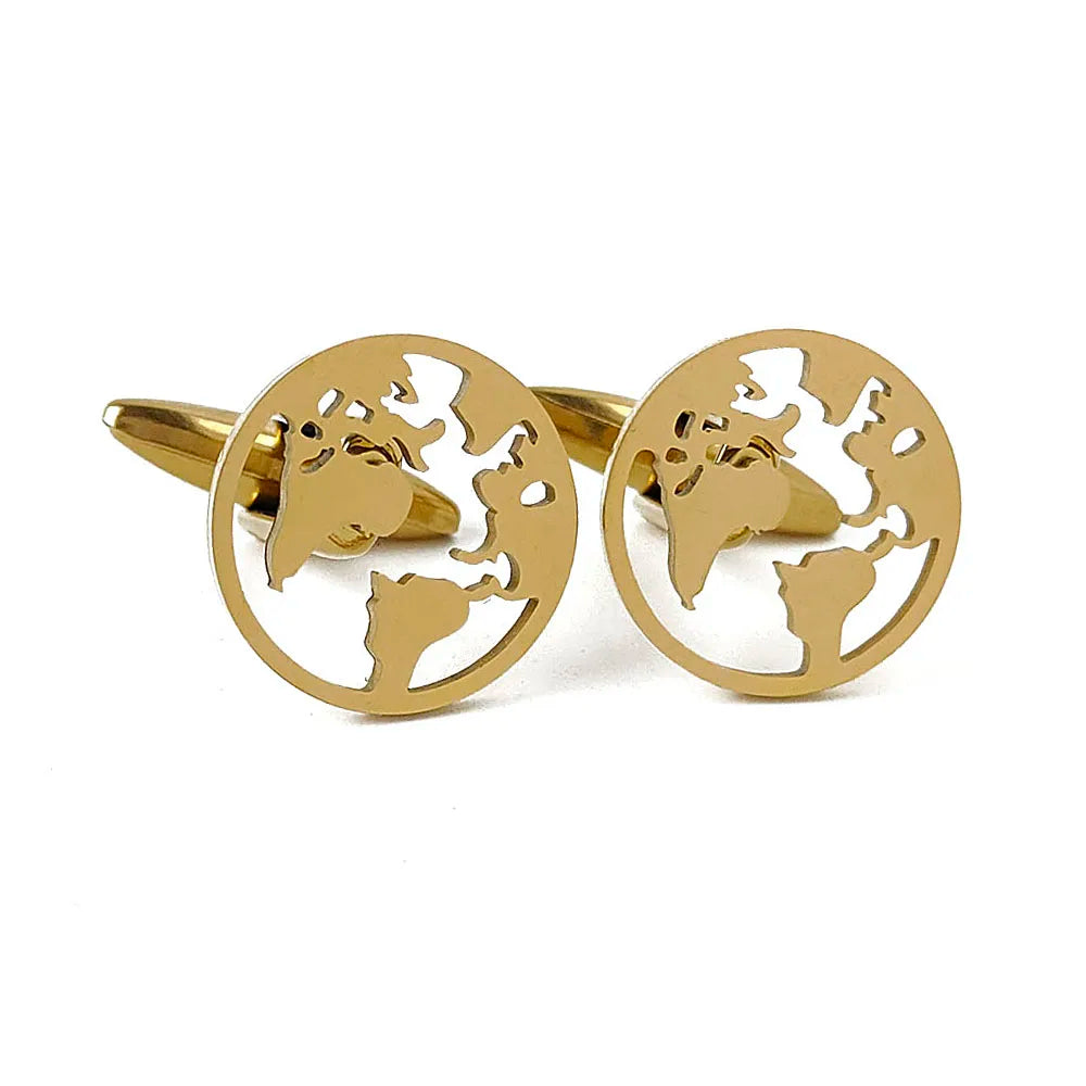 New - 18K gold-plated stainless steel cufflinks: world map globe design, fashion lapel pin, gift for friends