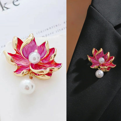 Vintage Chinese Stylish Glaze Painted Lotus  Pearl Brooches For Women Fashion Flower Plant Pin Jewelry Office Party Unisex Gift