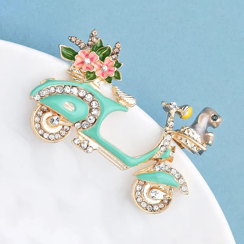 Wuli&baby Green Enamel Motor Bike Brooch Pin Flower Bouquet Puppy Sitting Front Cute Badge Jewelry Accessory