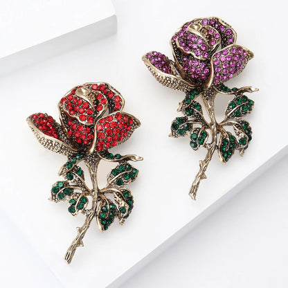 Beaut&Berry Vintage Rhinestone Rose Brooches for Women Enamel Plant Pins Friends Party Gifts Banquet Jewellery Accessories