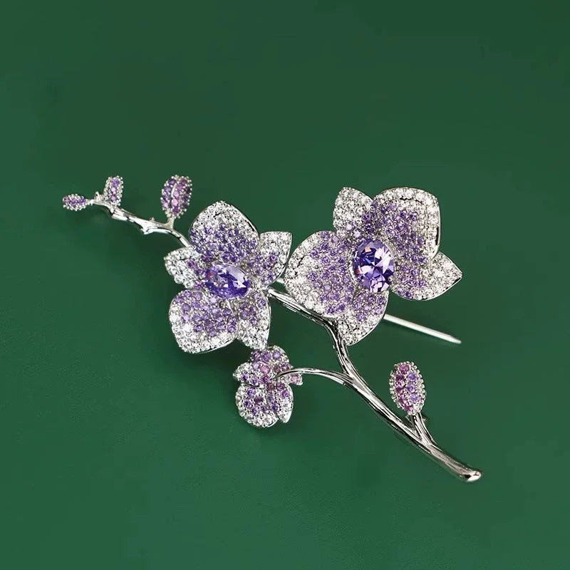 Ajojewel Purple Flowers Crystal Brooch Phalaenopsis Bouquet Pin Elegant Party Jewelry Christmas Gift Woman Birthday