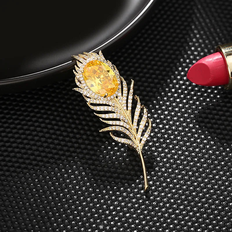 New Green Yellow Crystal Feather Lapel Pin for Women Men Inlaid Cubic Zirconia Coat Suit Accessories New Year Jewerly Gifts