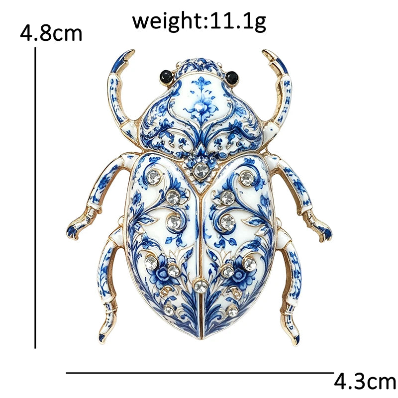 Wuli&baby Lovely Beetle Brooches For Women Men 4-color Rhinestone Blue-and-white Porcelain Insects Party Casual Brooch Pins Gift