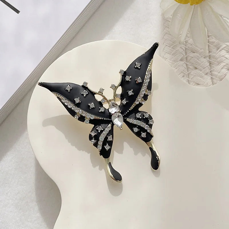 Vintage Rhinestone Black Butterfly Brooches Inlaid Cubic Zirconia Insect Metal Enamel Pins for Women Clothing Accessories