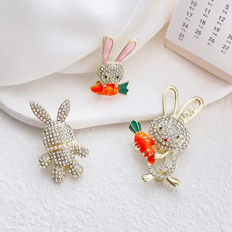 Cute Cartoon Rabbit Bunny Carrot Brooch Rhinestone Animal Lapel Pin Bag Backpack BFF Jewelry Accessories Gift