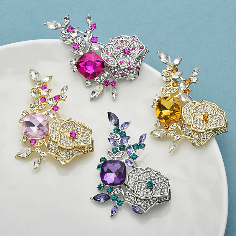 Wuli&baby Luxury Beautiful Flower Brooches For Women Unisex 4-color Rhinestone Rose-flower Elegant Party Office Brooch Pins Gift