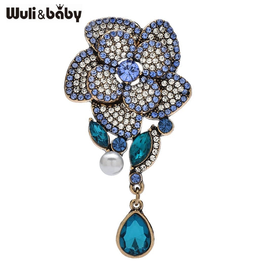 Wuli&baby Vintage Camellia Flower Brooches For Women 3-color Metal Rhinestone Pendant Flowers Party Office Coat Brooch Pins Gift