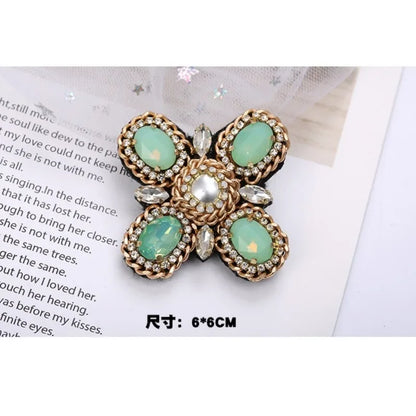 Elegant Geometric Crystal Stone Square Symmetrical Brooch Blue Green Large Rhinestone Cross Flower Pin with Clip for Women