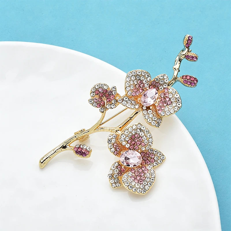 Wuli&baby Beautiful Plum-blossom Flower Brooches For Women Unisex 2-color Rhinestone Orchid Flowers Party Office Brooch Pins