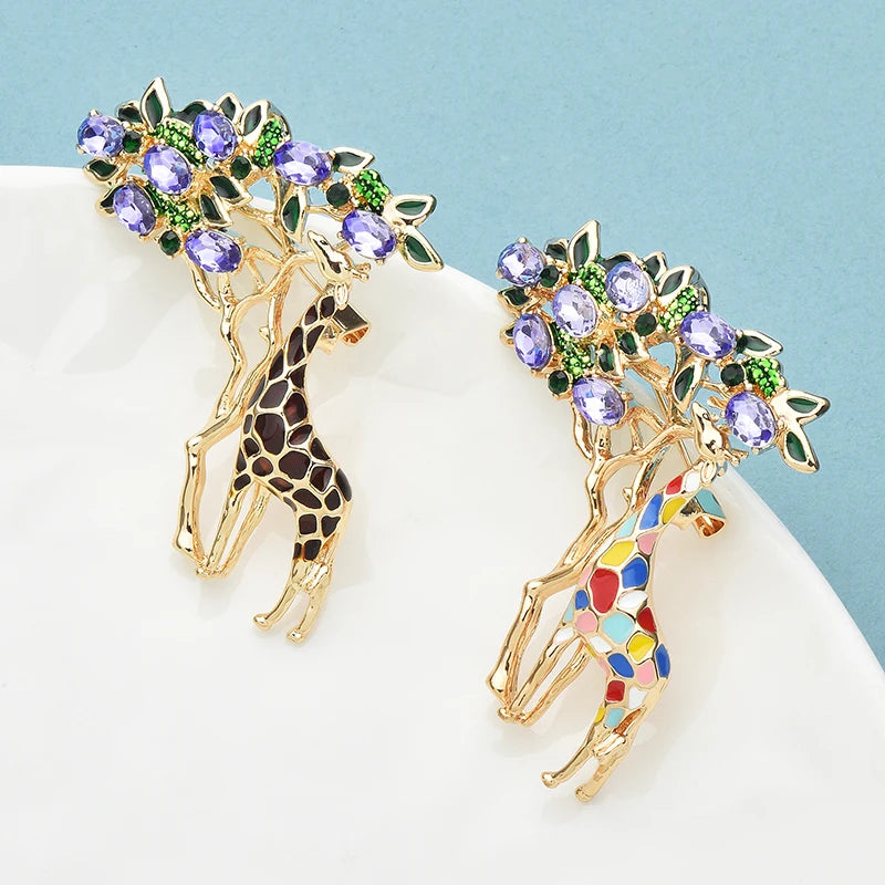 Wuli&baby Crystal Eating Leaves Giraffe Brooches For Women Unisex 2-color Enamel Beautiful Animal Tree Christmas Brooch Pins