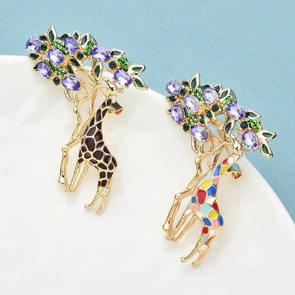 Wuli&baby Crystal Eating Leaves Giraffe Brooches For Women Unisex 2-color Enamel Beautiful Animal Tree Christmas Brooch Pins