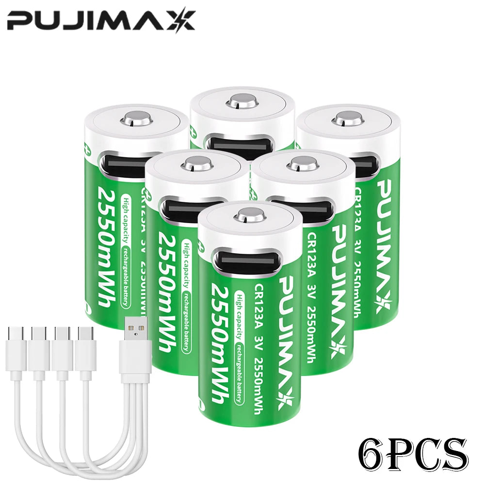 PUJIMAX CR123A Batteries With USB-C Fast Charging Cable-High Capacity 2550mWh Li-ion Polymer Cells For Flashlights Cameras