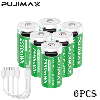 PUJIMAX CR123A Batteries With USB-C Fast Charging Cable-High Capacity 2550mWh Li-ion Polymer Cells For Flashlights Cameras