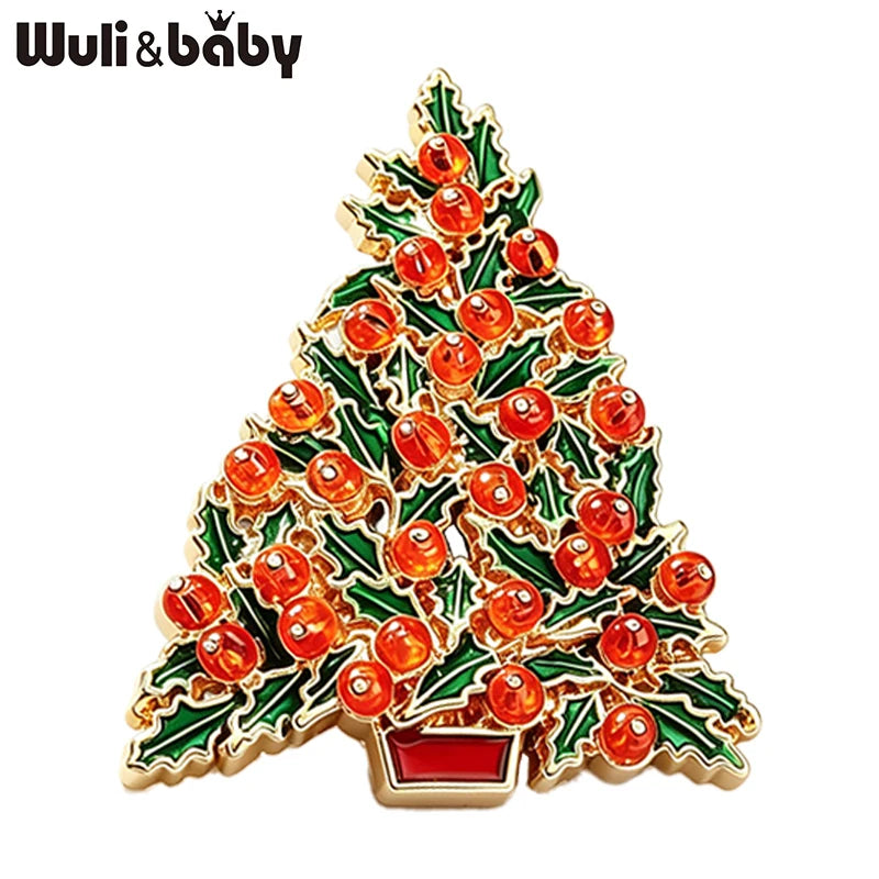 Wuli&baby Christmas Tree Brooches For Women Unisex Enamel Red-beads New Year Tree Party Casual Brooch Pin Gifts