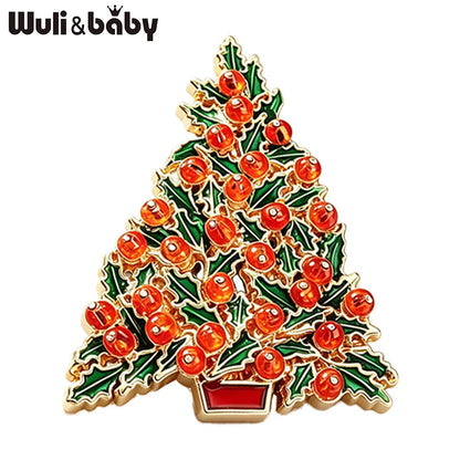 Wuli&baby Christmas Tree Brooches For Women Unisex Enamel Red-beads New Year Tree Party Casual Brooch Pin Gifts