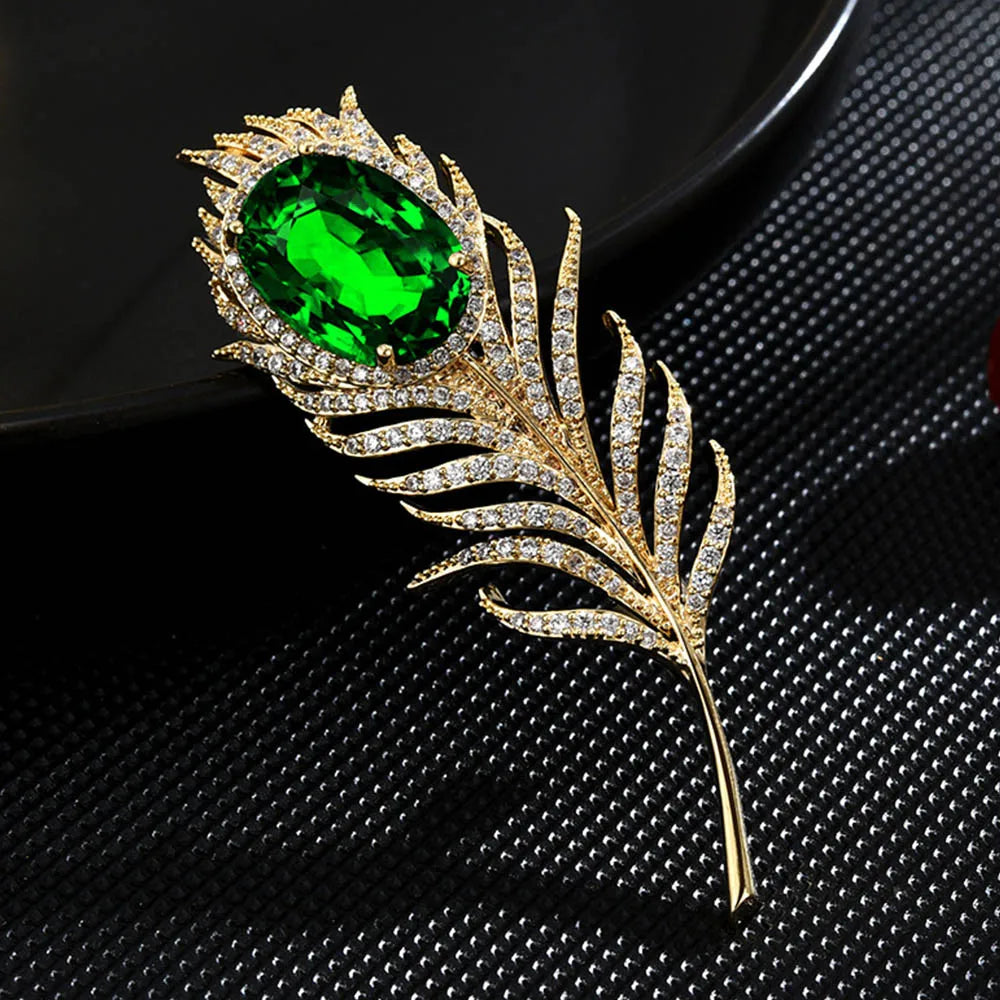 New Green Yellow Crystal Feather Lapel Pin for Women Men Inlaid Cubic Zirconia Coat Suit Accessories New Year Jewerly Gifts