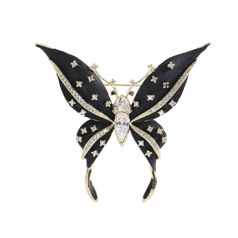 Vintage Rhinestone Black Butterfly Brooches Inlaid Cubic Zirconia Insect Metal Enamel Pins for Women Clothing Accessories