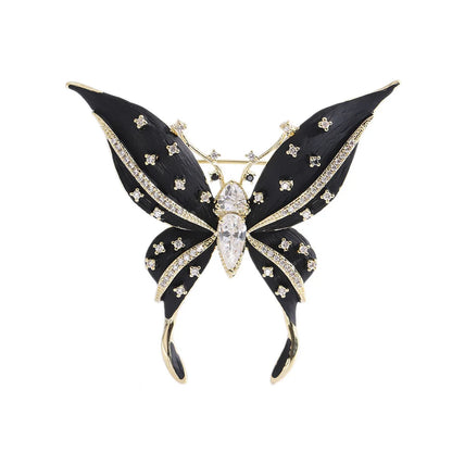 Vintage Rhinestone Black Butterfly Brooches Inlaid Cubic Zirconia Insect Metal Enamel Pins for Women Clothing Accessories