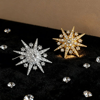 Luxury Full Rhinestone Eight-Pointed Star Brooches For Women Lady Sweet Shiny Crystal Snowflake Alloy Brooch Party Jewelry Gifts