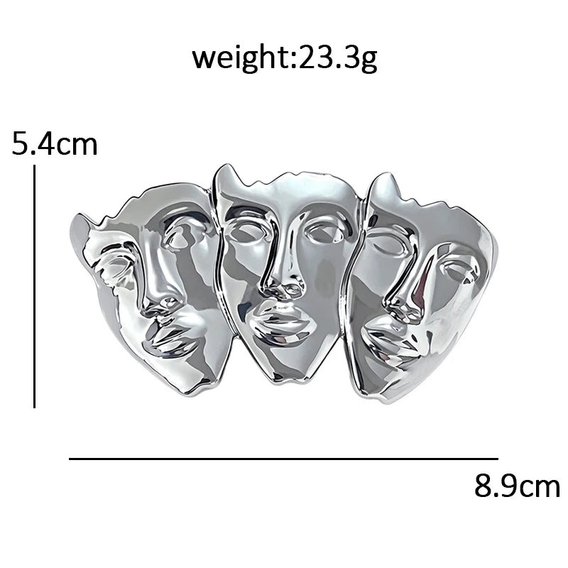 Wuli&baby Art Three Faces Brooches For Women Unisex 2-color Alloy Beautiful Face Figure Office Party Brooch Pins Gifts