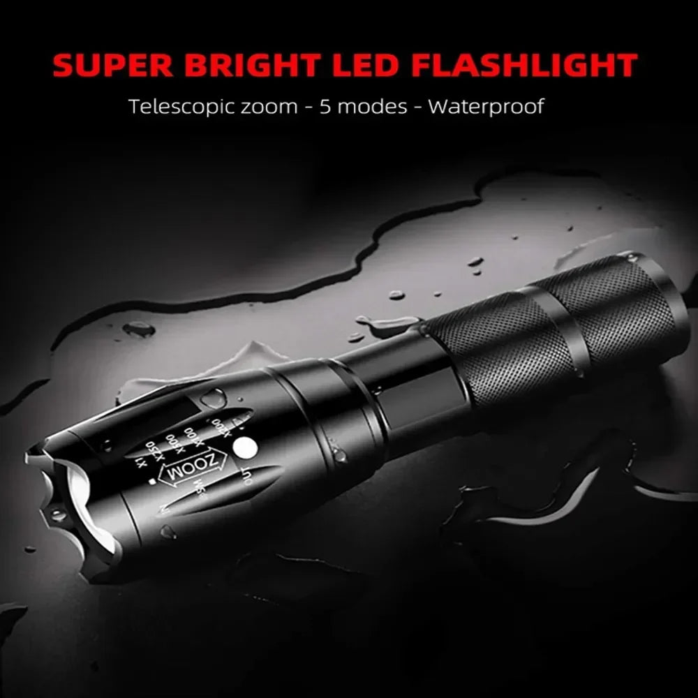 High Power T6 LED Flashlights Camping Torch 5 Light Modes Zoom Light Aluminum Alloys Waterproof Material External 18650 Battery