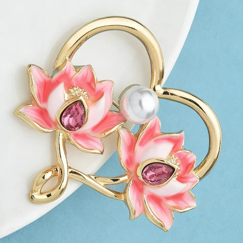 Wuli&baby Enamel Lotus Heart Brooches For Women Lady Pink Flowers Love Office Casual Brooch Pins Gifts