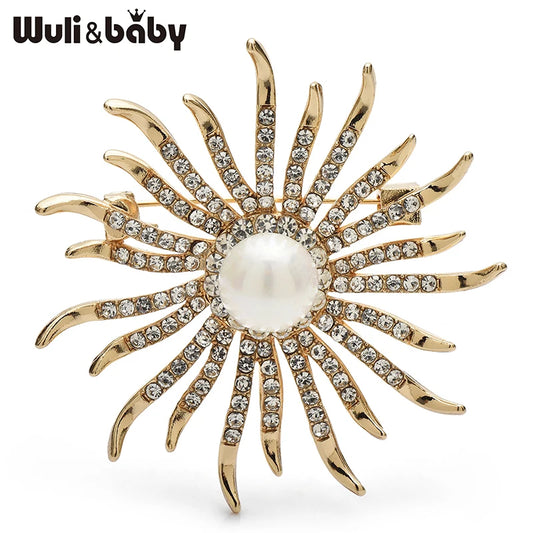 Wuli&baby Rhinestone Sun Brooches Pins For Women Unisex Shining Pearl Flower Party Office Brooch Pin Gifts