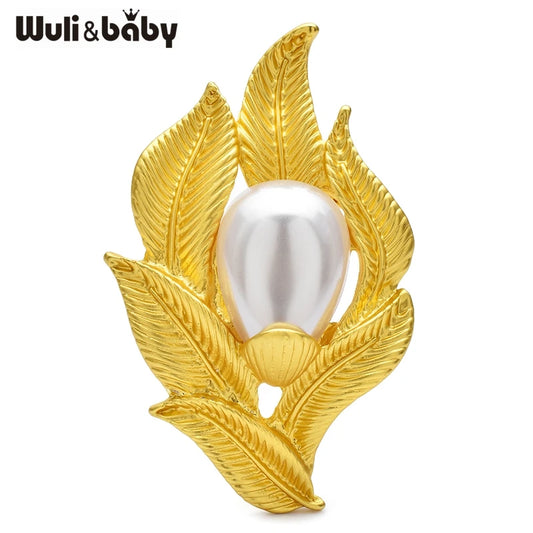 Wuli&baby Pearl Gold-color Flower Brooches For Women Unisex Easy-match Plants Party Office Brooch Pins Gifts