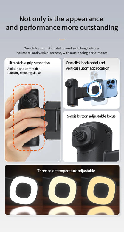 Single-Axis Phone Grip with Bluetooth LED Selfie Light, Adjustable Angle for Smartphone Photography, Video Live Streaming