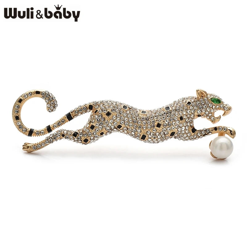Wuli&baby Shining Leopard Brooches For Women Men 2-color Full Rhinestone Running Animal Party Office Brooch Pins Gifts