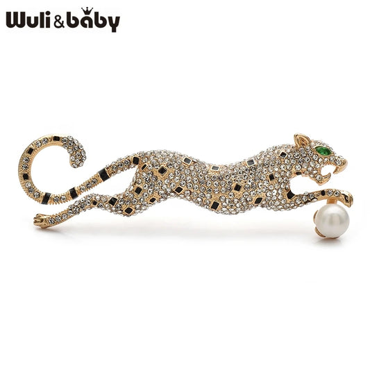Wuli&baby Shining Leopard Brooches For Women Men 2-color Full Rhinestone Running Animal Party Office Brooch Pins Gifts