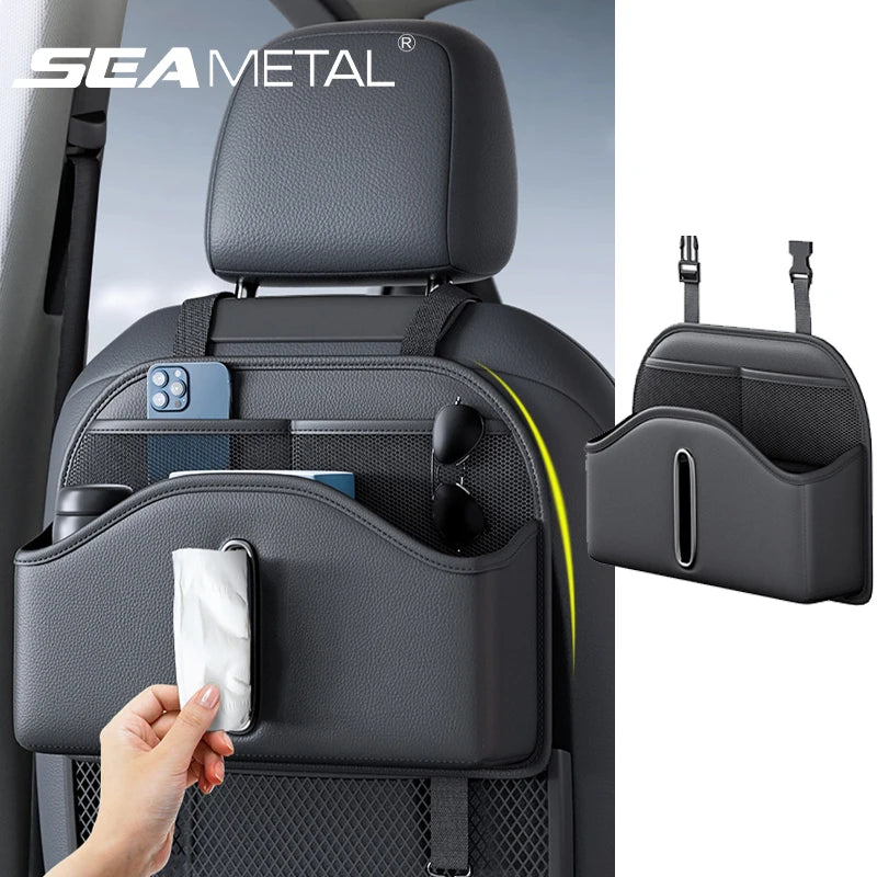 SEAMETAL PU Leather Car Seat Back Organizer Multi-functional Auto Seat Headrest Hanging Storage Bag With Tissue Box Drink Holder