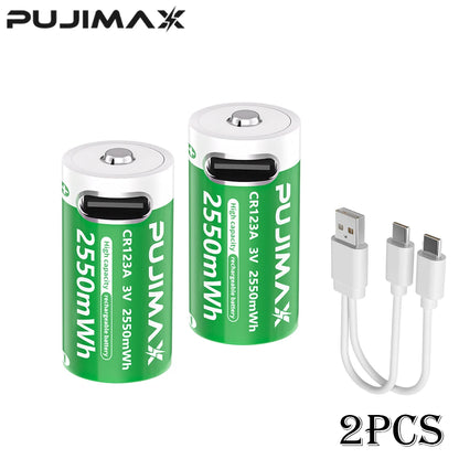 PUJIMAX CR123A Batteries With USB-C Fast Charging Cable-High Capacity 2550mWh Li-ion Polymer Cells For Flashlights Cameras