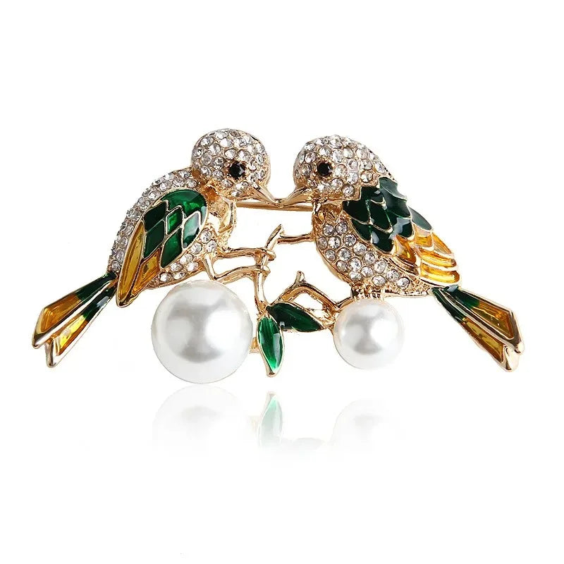 Luxury Crystal Rhinestone Pearl Magpie Couple Brooch Animal Paired Pin For Lady Clothing Fashion Jewelry Accessories Badges Gift