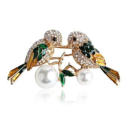 Luxury Crystal Rhinestone Pearl Magpie Couple Brooch Animal Paired Pin For Lady Clothing Fashion Jewelry Accessories Badges Gift