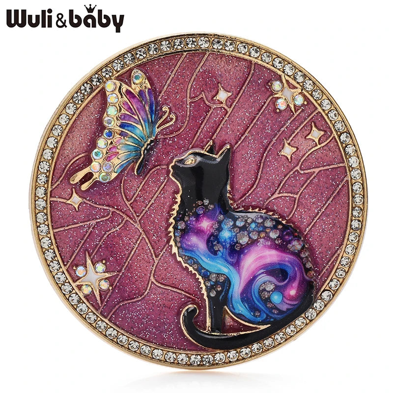 Wuli&baby Lovely Butterfly And Cat Brooches 4-color Alloy Enamel Animal Round Brooch For Women Children's Clothes Pins Badge