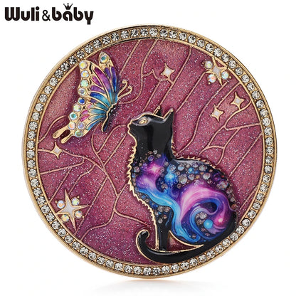 Wuli&baby Lovely Butterfly And Cat Brooches 4-color Alloy Enamel Animal Round Brooch For Women Children's Clothes Pins Badge