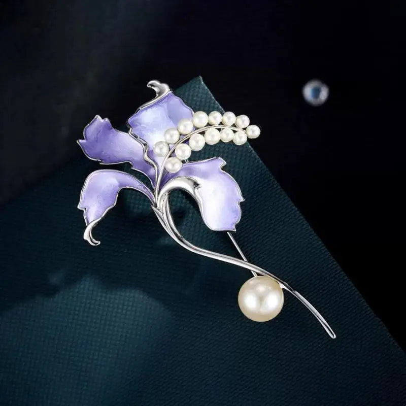 Purple Iris Flower Brooch For Women Shiny Pearl Enamel Pin Elegant Wedding Banquet Jewelry Gift