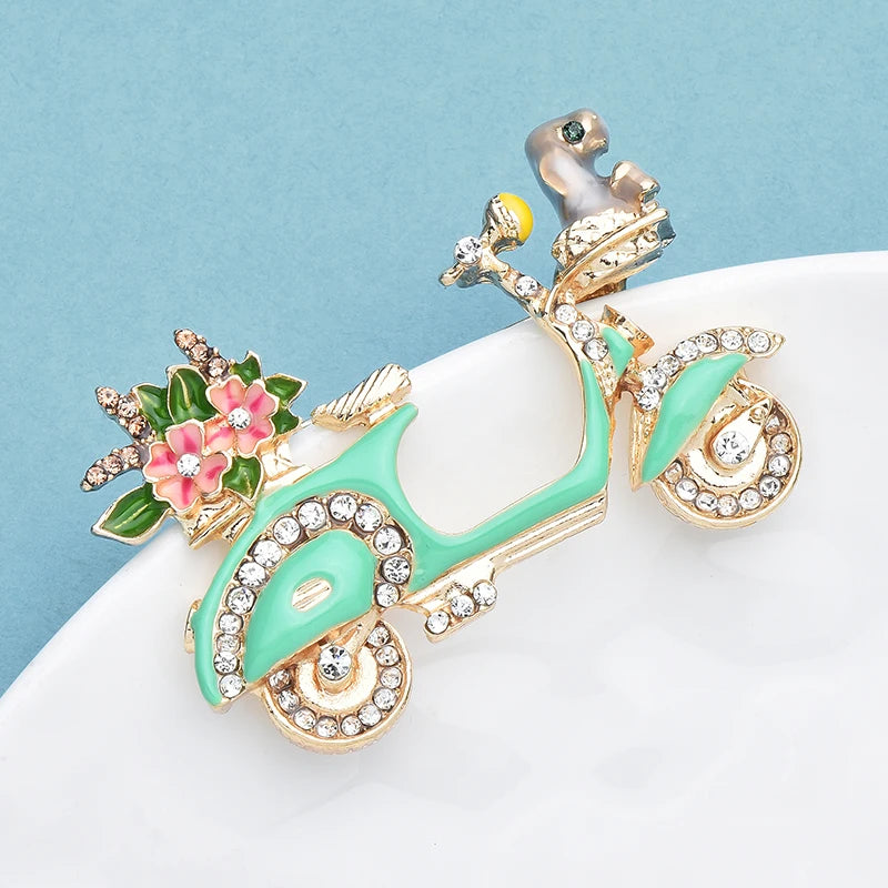 Wuli&baby Green Enamel Motor Bike Brooch Pin Flower Bouquet Puppy Sitting Front Cute Badge Jewelry Accessory