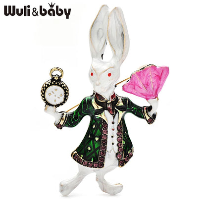 Wuli&baby Funny Rabbit Brooches For Women Unisex 2-color Enamel Holding Clock Fan Act  Rare Bunny Casual Party Brooch Pins Gifts