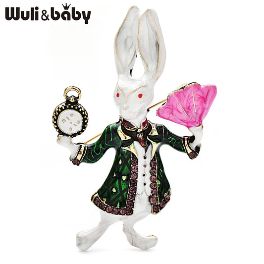 Wuli&baby Funny Rabbit Brooches For Women Unisex 2-color Enamel Holding Clock Fan Act  Rare Bunny Casual Party Brooch Pins Gifts